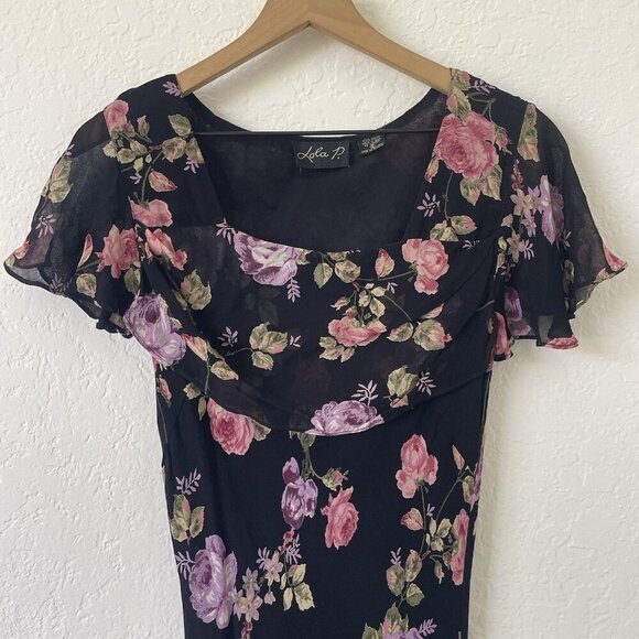 VTG Lola P Womens Y2K 90s Black Floral Maxi Slip Dress Size S Fairy Whimsigoth - Picture 5 of 14